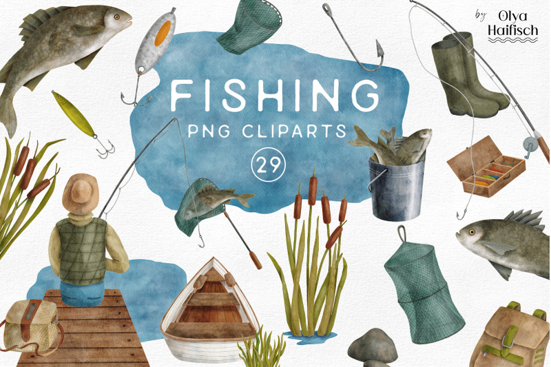 watercolor-fishing-clipart-fisherman-lake-landscape-fish-tackle-png