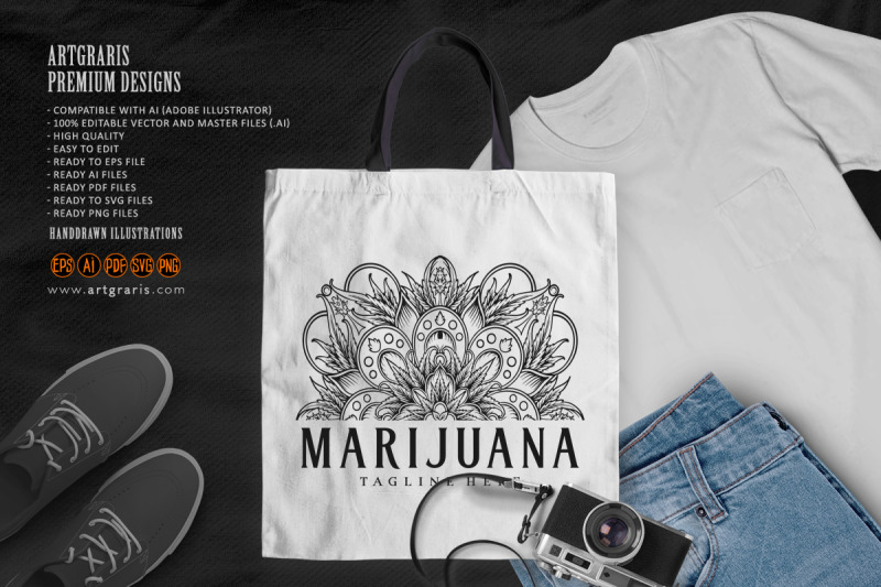 marijuana-half-mandala-weed-leaf-ornament-monochrome