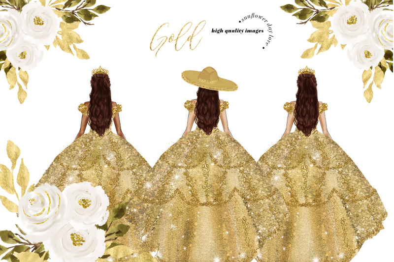 gold-princess-dresses-quinceanera-clipart-white-gold-flowers