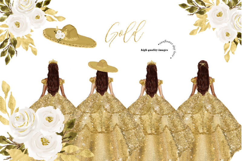 gold-princess-dresses-quinceanera-clipart-white-gold-flowers