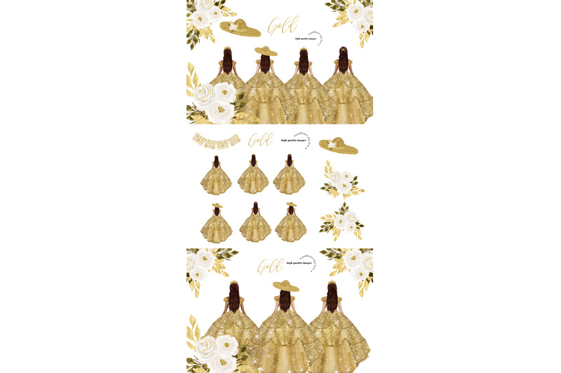 gold-princess-dresses-quinceanera-clipart-white-gold-flowers