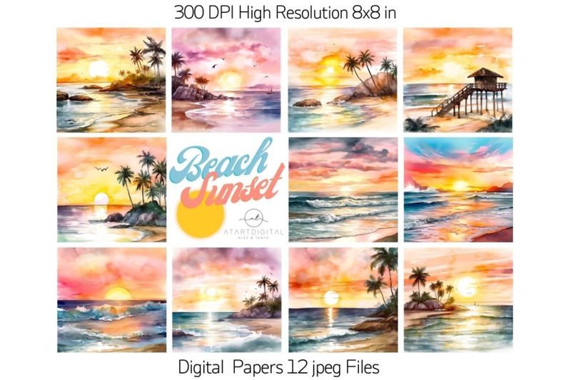 watercolor-beach-sunsets-digital-paper-pack