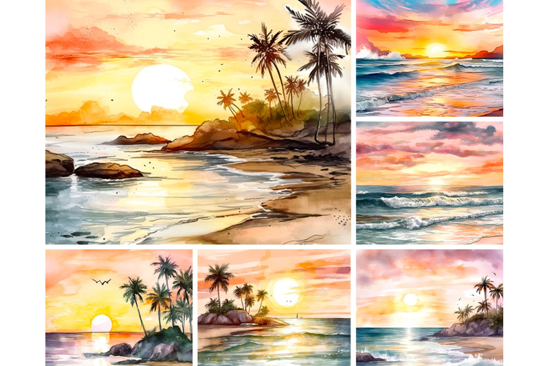 watercolor-beach-sunsets-digital-paper-pack