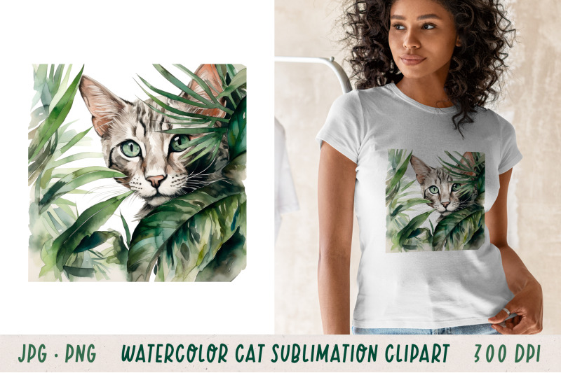 watercolour-cat-in-tropical-leaves-sublimation-clipart