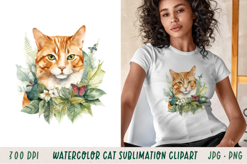watercolour-red-cat-in-tropical-leaves-sublimation-clipart