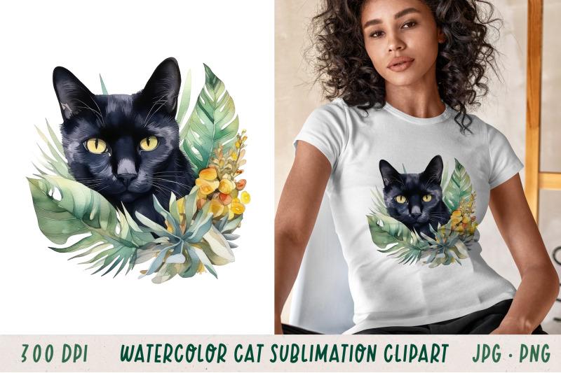 watercolour-black-cat-in-tropical-leaves-sublimation-clipart