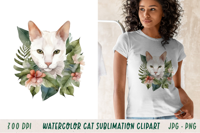 watercolour-white-cat-in-tropical-leaves-sublimation-clipart