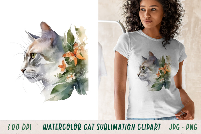 watercolour-grey-cat-in-tropical-leaves-sublimation-clipart