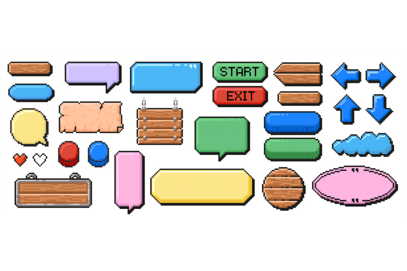 pixel-art-frames-retro-8-bit-buttons-arrows-speech-bubble-messages