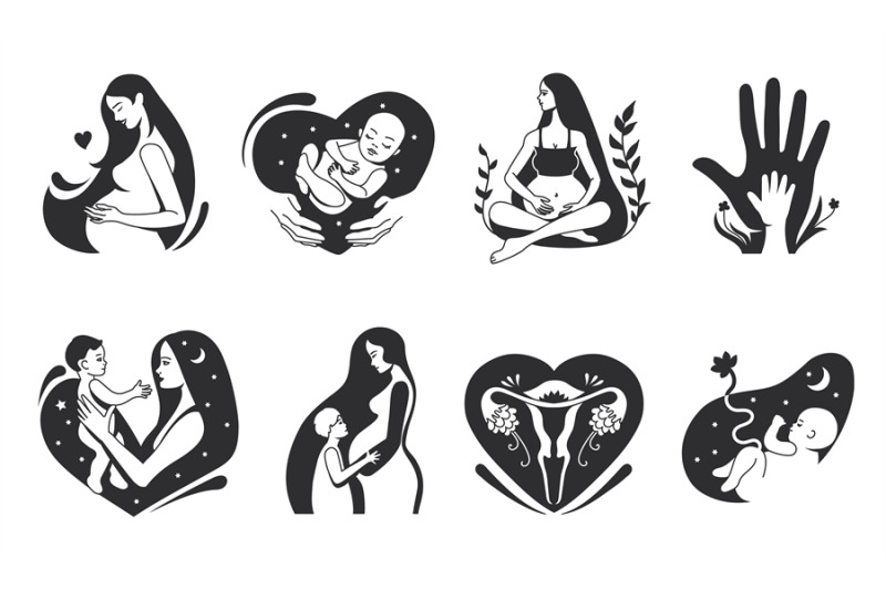 hand-drawn-motherhood-pregnant-women-mother-with-child-and-womb-mate