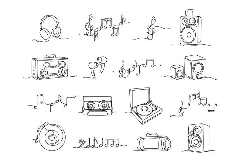 continuous-one-line-music-illustrations-linear-headphones-audio-spea