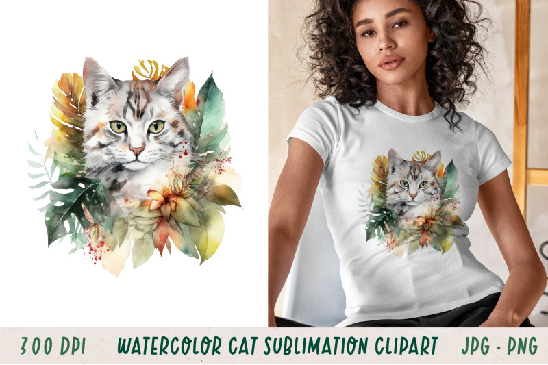 watercolour-cat-in-tropical-leaves-sublimation-clipart