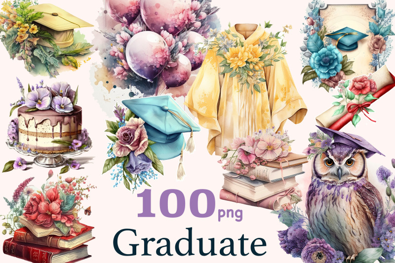 graduation-watercolor-clipart-flowers-graphics-bundle-png