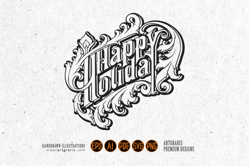 classic-frame-happy-holiday-lettering-word-flourish-ornament-monochrom