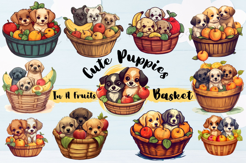 cute-puppies-in-a-fruits-basket-illustration-clipart