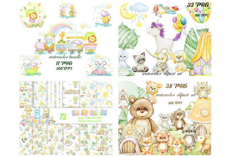watercolor-baby-toys-clipart-boho-baby-shower-cute-animals-newborn