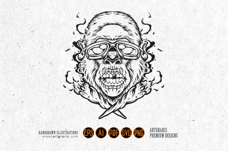 cool-gorilla-head-joint-smoking-cannabis-logo-illustrations-monochrome