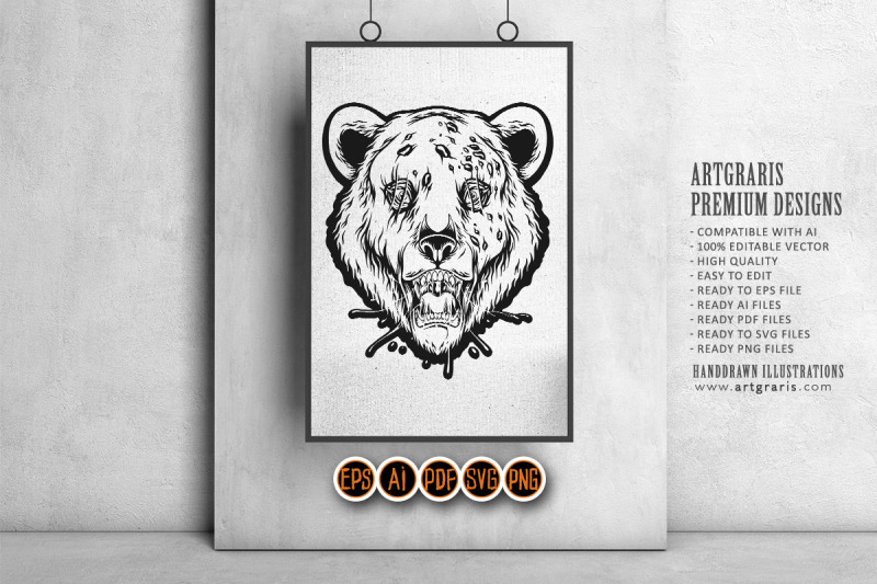 scary-dripping-zombie-bear-head-logo-illustrations-monochrome