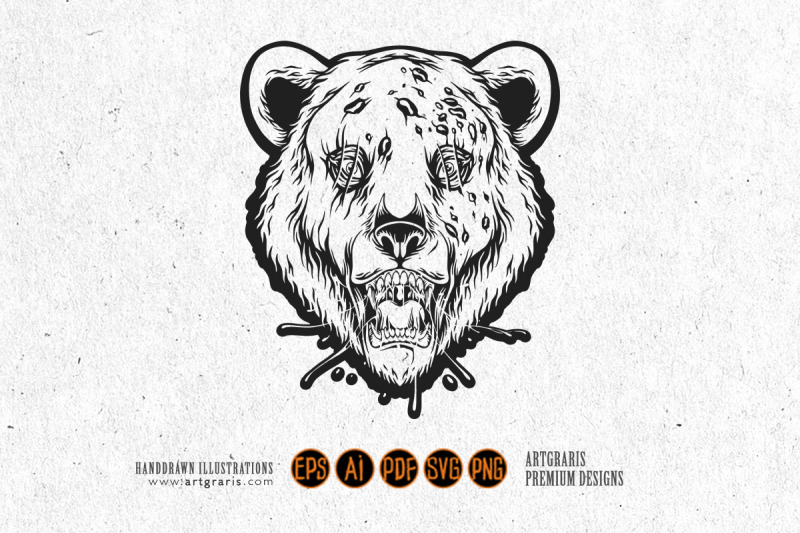 scary-dripping-zombie-bear-head-logo-illustrations-monochrome