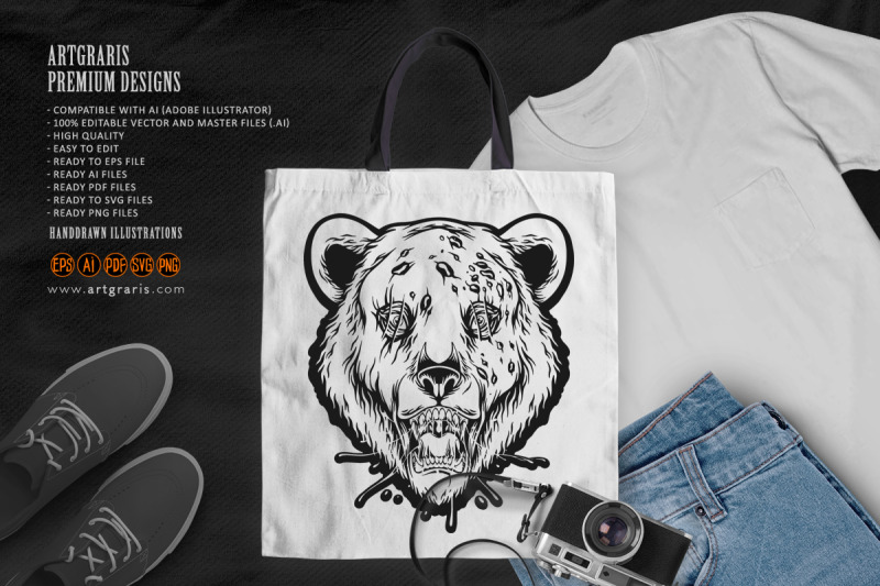 scary-dripping-zombie-bear-head-logo-illustrations-monochrome