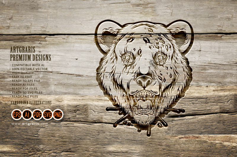 scary-dripping-zombie-bear-head-logo-illustrations-monochrome