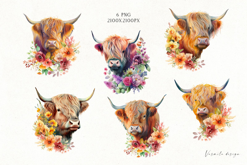 watercolor-highland-cow-and-flowers