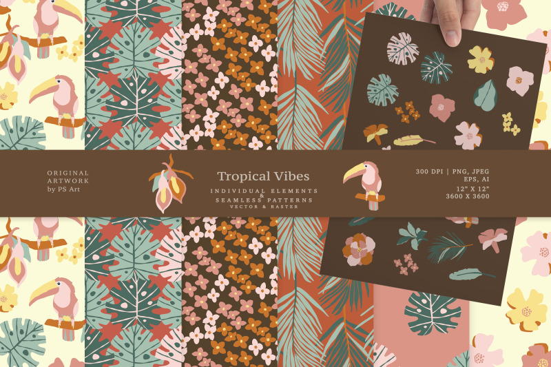 tropical-vibes-digital-floral-clipart-individual-elements-seamless