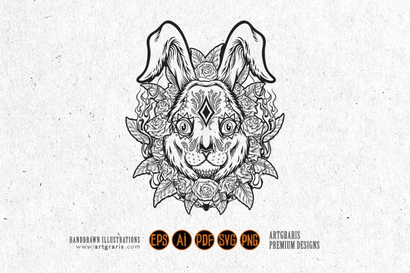 sugar-bunny-head-mexico-dia-de-los-muertos-logo-illustrations-monochro