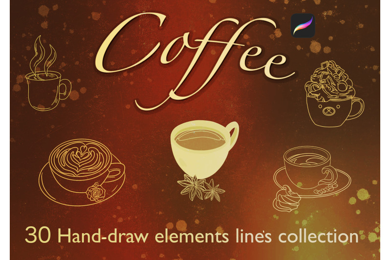 coffee-30-hand-draw-elements-lines-collection-procreate
