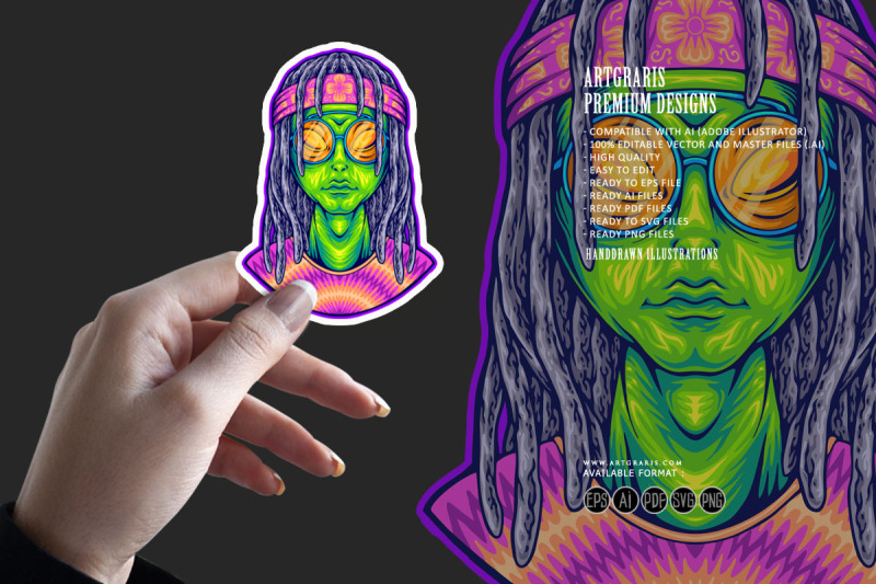 bohemian-alien-old-school-hippie-dreads-illustrations