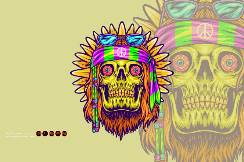 old-hippie-bearded-skull-flower-child-illustrations