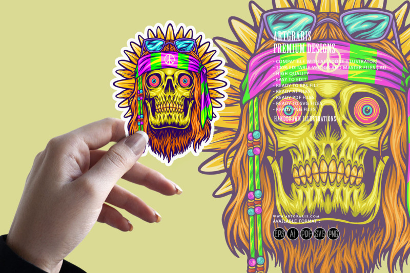 old-hippie-bearded-skull-flower-child-illustrations