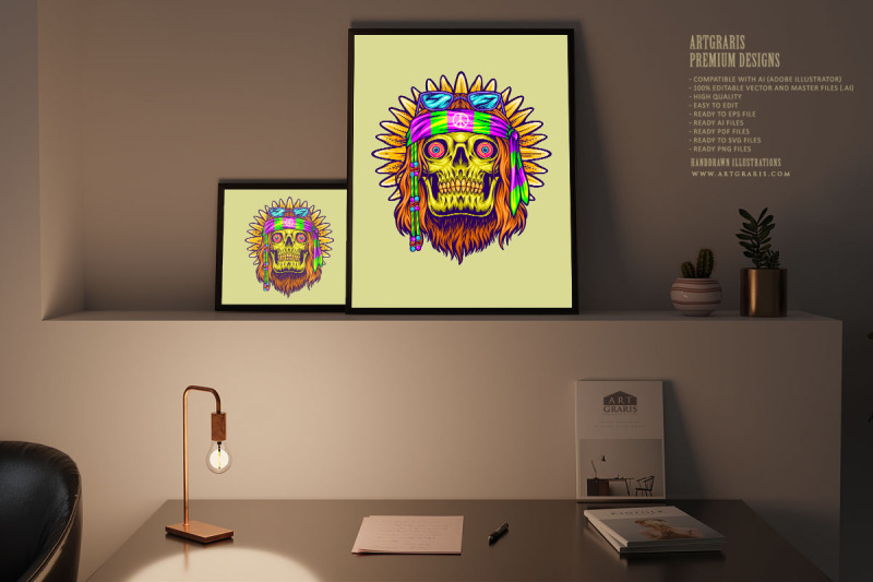 old-hippie-bearded-skull-flower-child-illustrations