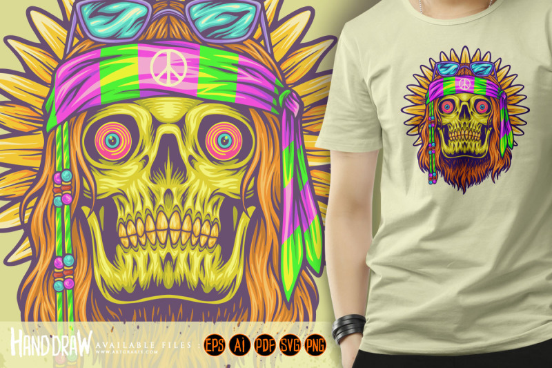 old-hippie-bearded-skull-flower-child-illustrations