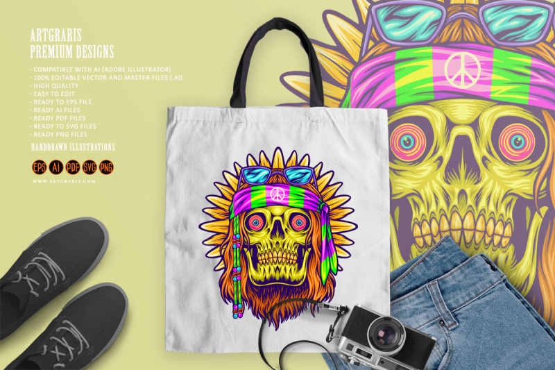 old-hippie-bearded-skull-flower-child-illustrations