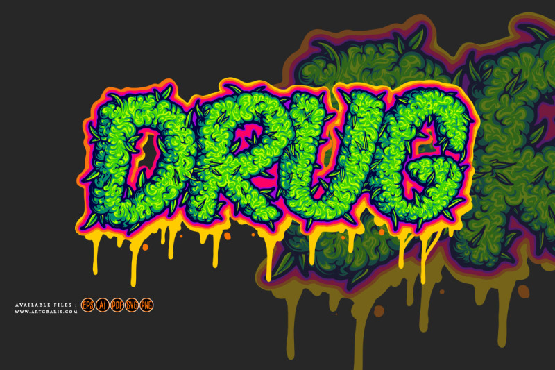 drug-word-lettering-with-melted-cannabis-buds-illustrations