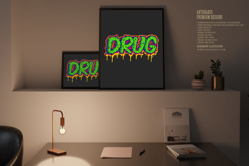 drug-word-lettering-with-melted-cannabis-buds-illustrations