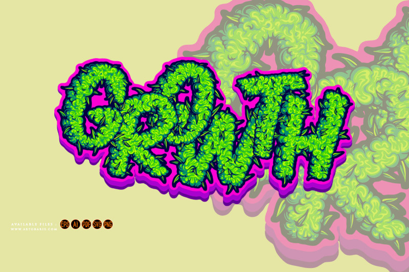 growth-word-lettering-with-cannabis-flower-buds-texture-illustrations