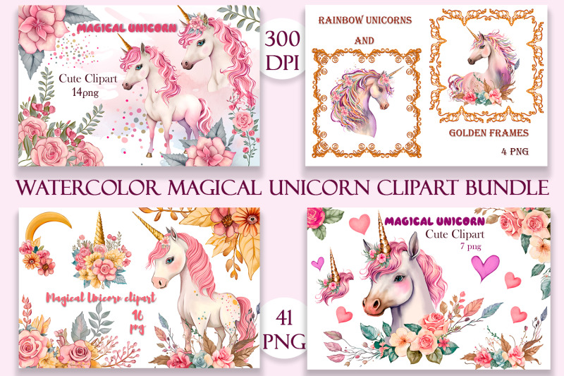 watercolor-magical-unicorn-clipart-bundle