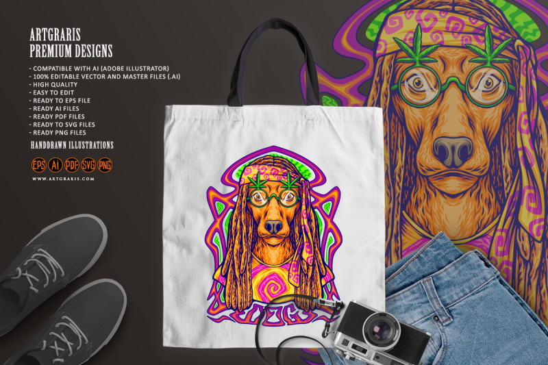 hippie-dog-with-psychedelic-trippy-frame-background-illustrations