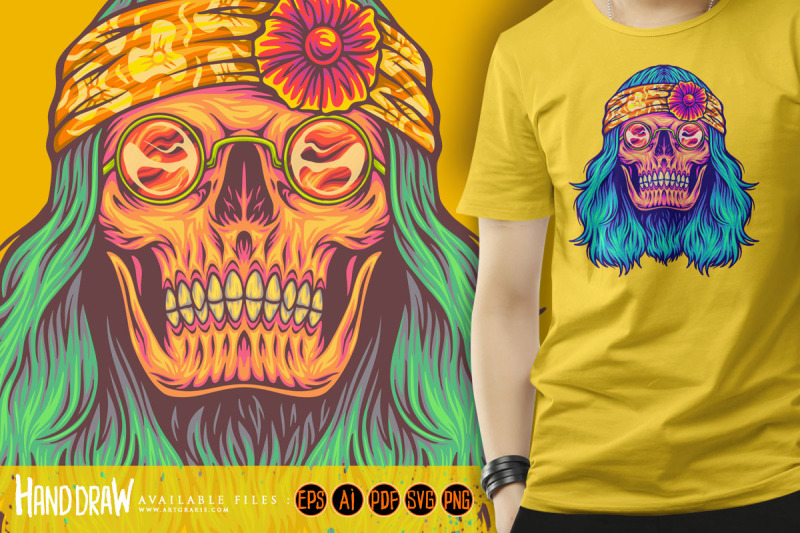 hippie-skull-groovy-bohemian-flower-power-illustrations