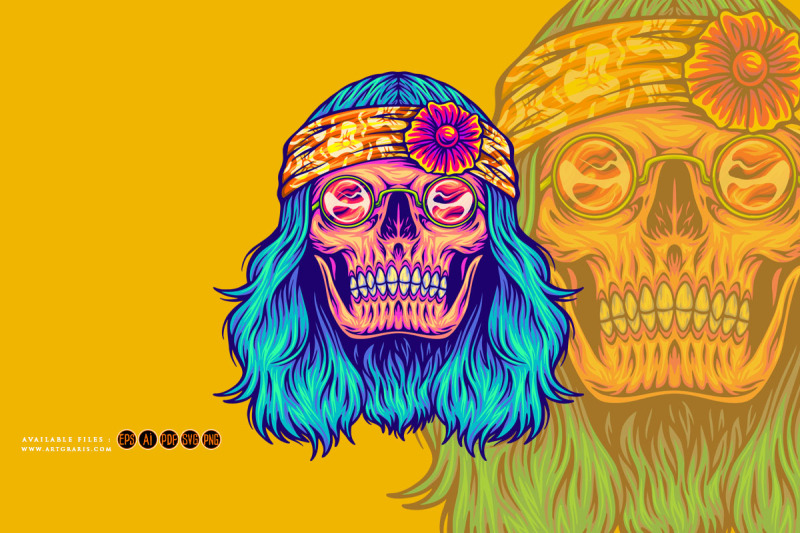 hippie-skull-groovy-bohemian-flower-power-illustrations