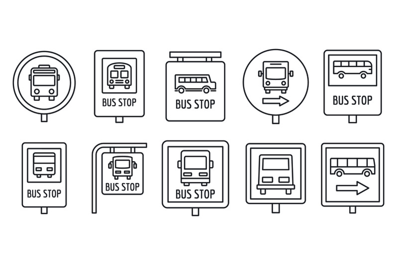 city-bus-stop-sign-icon-set-outline-style