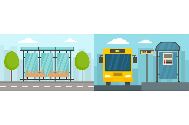 city-bus-stop-banner-set-flat-style