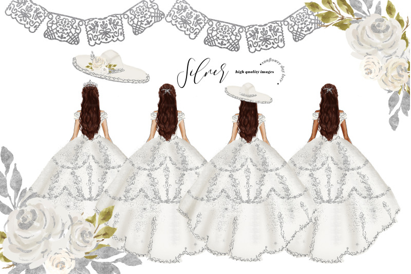 elegant-silver-princess-quinceanera-clipart-silver-glitter-dresses
