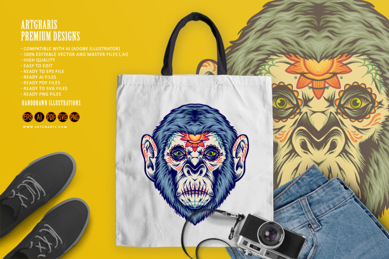 santa-muerte-monkey-head-sugar-skull-illustrations