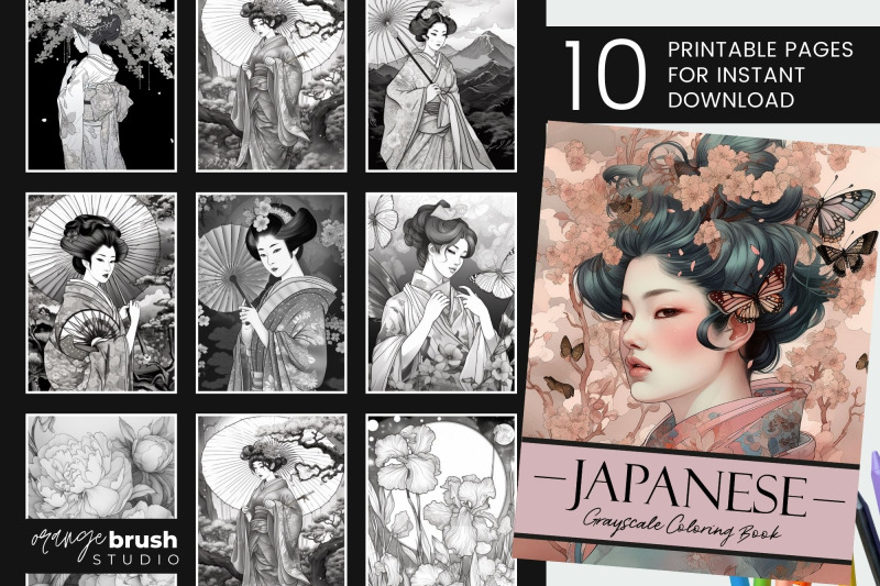 japanese-geisha-coloring-book-10-greyscale-coloring-pages
