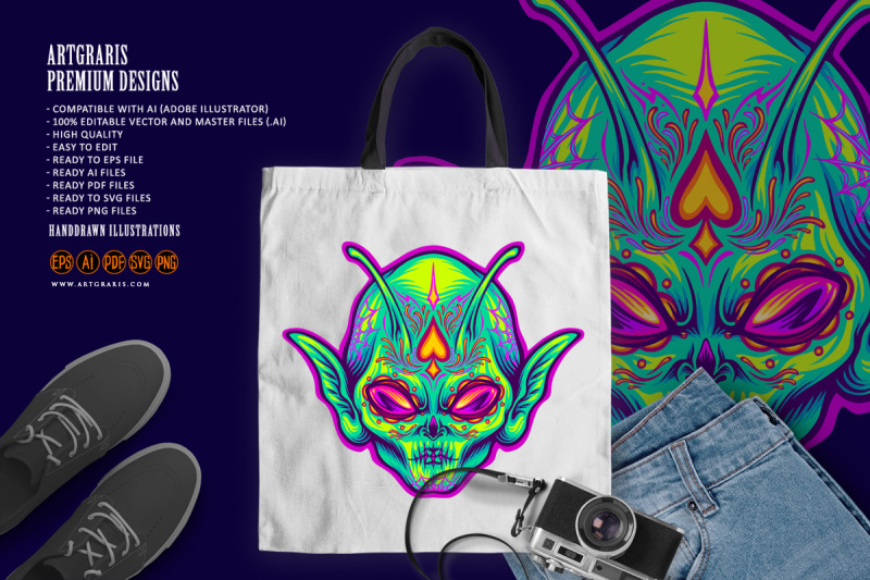 alien-head-with-sugar-skull-face-santa-muerte-illustrations