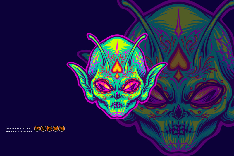 alien-head-with-sugar-skull-face-santa-muerte-illustrations