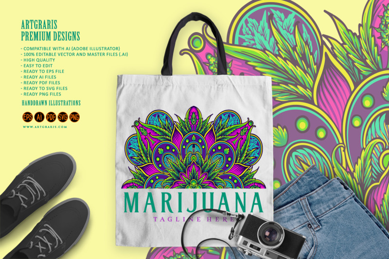 half-mandala-marijuana-leaves-ornament-decorative-illustrations